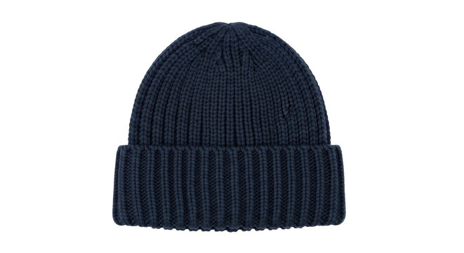 Isolated dark-blue knitted beanie hat for cold weather, comfortable and stylish headwear