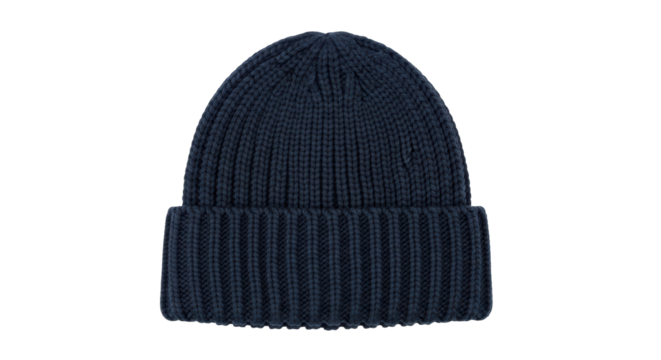 Isolated dark-blue knitted beanie hat for cold weather, comfortable and stylish headwear