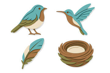 Detailed paper cut style birds, feather, and nest set with layered design and natural color palette
