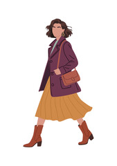 Flat vector illustration of a stylish woman walking in autumn clothes. Casual coat, skirt, and boots. Side view, full length, isolated on transparent background