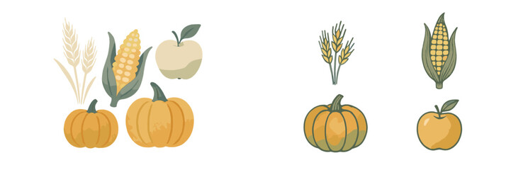 Autumn harvest collection with pumpkins, corn, wheat, and apples in a charming watercolor-inspired style