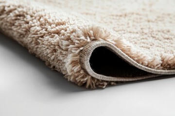Soft plush area rug in neutral beige tones with thick, textured pile rolled on smooth surface, creating cozy and warm atmosphere in any room
