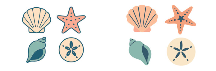 Stylized marine life elements featuring scallop, conch, starfish, and sand dollar for ocean themes