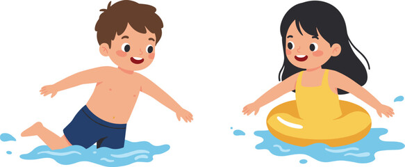 Children playing in water, summer splash fun, outdoor activity, cartoon kids, cheerful moment, water safety, vector illustration, white background, inflatable ringChildren playing in water, summer spl