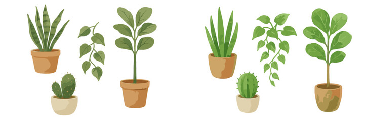 Diverse collection of green potted houseplants and succulents with a charming watercolor texture on white background