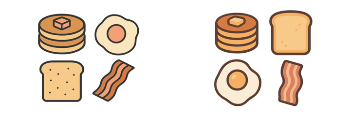 Classic breakfast food collection with fluffy pancakes, sunny side up egg, crispy bacon, and golden toast