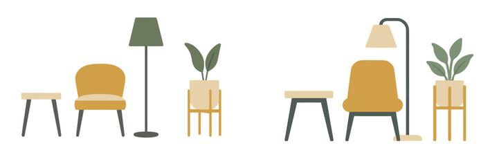 Contemporary interior design elements with stylish armchairs side tables floor lamps and potted plants