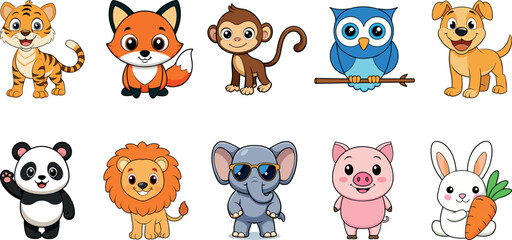 Ultimate Cute Animal Mascots Pack — Kawaii Cartoon Elephant, Bunny, Owl, Dog, Lion, Panda, Tiger, Monkey, Pig, Fox — Clean Vector Set on White Background
