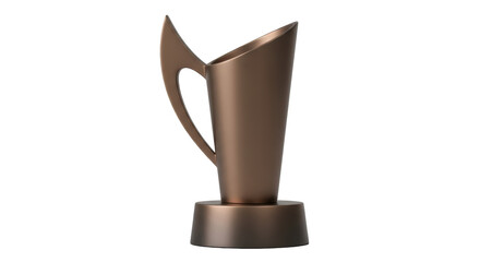 Isolated brown trophy stands upright on a plinth, unique handle design, celebratory prize