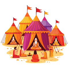 Fototapeta premium Indian Sages Meditating at a Spiritual Camp with Tents