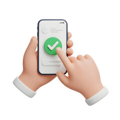 Two hands holding a smartphone with a green check mark. 3D hand tapping a green check mark
