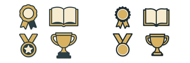 Various academic and achievement symbols including open books, award ribbons, gold medals, and shiny trophies on white background