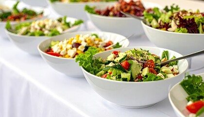 Salad Bar Displaying Variety of Mixed Salad in White Ceramic Bowls on a White Tablecloth in Soft Natural Lighting