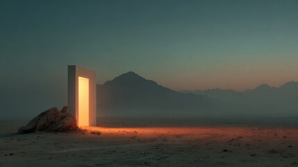 Mysterious glowing doorway in desolate desert landscape at twilight offers endless possibilities and a path to the unknown