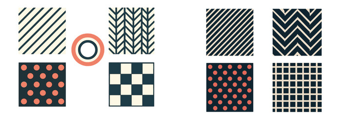 Collection of modern abstract geometric patterns featuring stripes, polka dots, chevrons, and grid designs with a concentric circle element