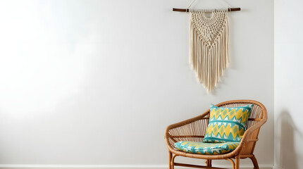 A single, natural-colored rattan lounge chair with a vibrant, geometric patterned cushion in shades of turquoise and yellow .
