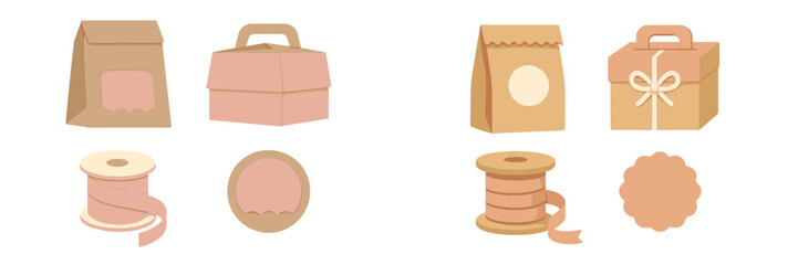 Collection of craft packaging elements featuring paper bags, gift boxes, ribbon spools, and blank decorative labels