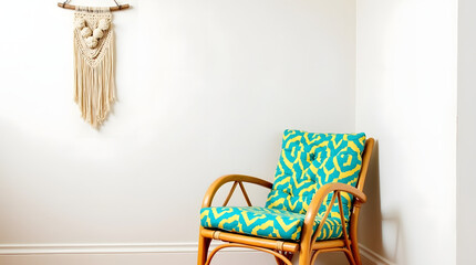 A single, natural-colored rattan lounge chair with a vibrant, geometric patterned cushion in shades of turquoise and yellow .
