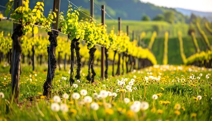Rows of grape vines in a sunlit vineyard