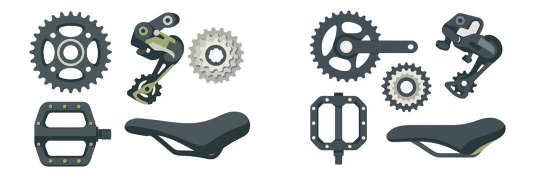 Essential bicycle components including gears, derailleurs, pedals, and saddles for cycling enthusiasts