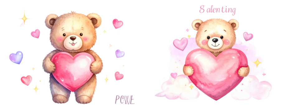 Fantasy Watercolor Teddy Bear Surrounded by Glowing Hearts