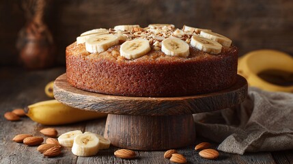 Banana almond cake on cake stand, rustic wood backdrop, scattered banana slices and almonds, cozy warm light, copy space