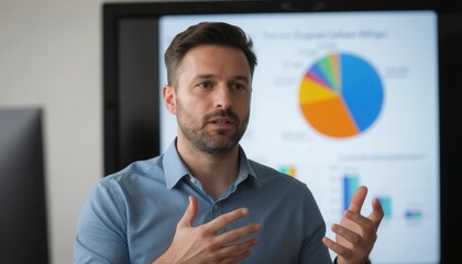 Business professional presenting data in a modern office setting.