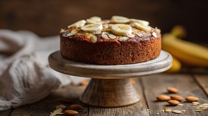Banana almond cake on cake stand, rustic wood backdrop, scattered banana slices and almonds, cozy warm light, copy space