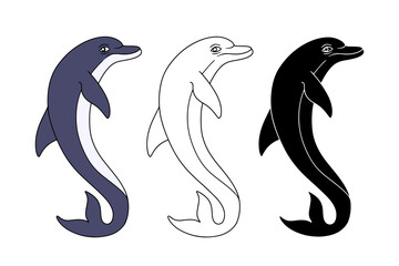 Monochrome and colorful hand drawn dolphin vector illustration set