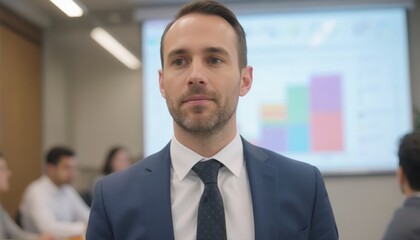 Fototapeta premium Professional man in a suit standing confidently in a meeting room with charts in the background.