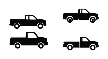 Simple black silhouette icons of various pickup truck designs shown