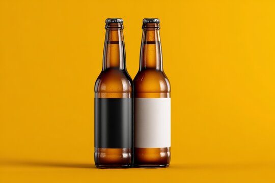 Two Beer Bottles Mockup Yellow Background - Black and White Blank Label