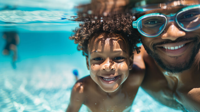 Underwater portrait of father and son swimming in a pool on vacation. An African American parent teaching a young child to swim in clear blue water
