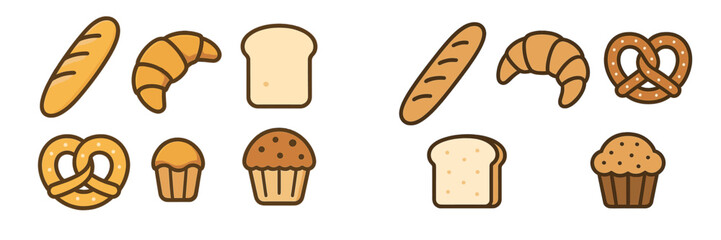 Assortment of fresh baked goods including baguettes, croissants, pretzels, sliced bread, and cupcakes for breakfast or snack