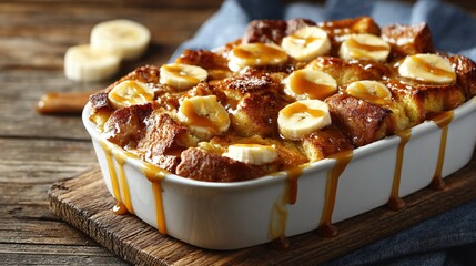 Banana bread pudding in baking dish, warm autumn lighting, scattered banana slices and caramel swirls, vintage wood table, open space on side