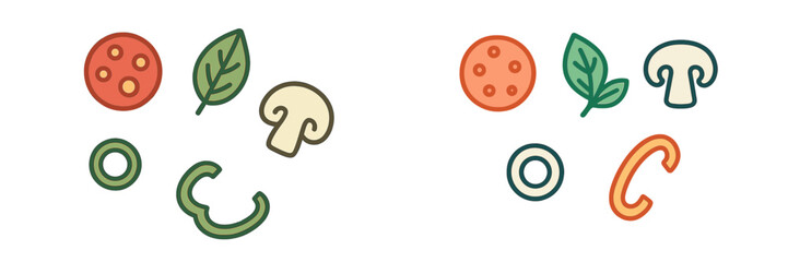 Colorful fresh pizza toppings assortment with pepperoni, sliced mushrooms, green spinach, black olives, and bell peppers for cooking