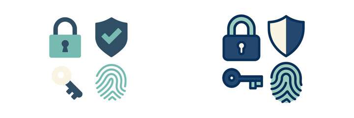 Digital security and data protection symbols with padlock, key, shield, and fingerprint for online privacy and access control