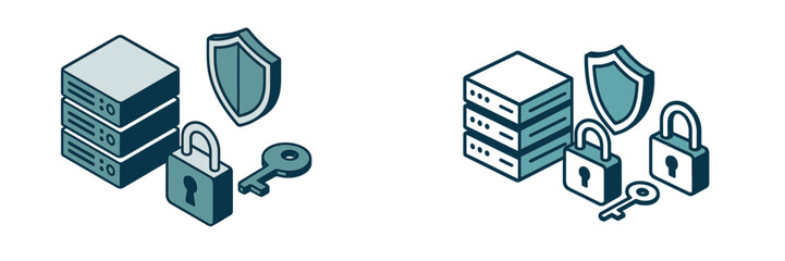 Isometric data server protection with shield, padlock, and key for digital security, network privacy, and information safety