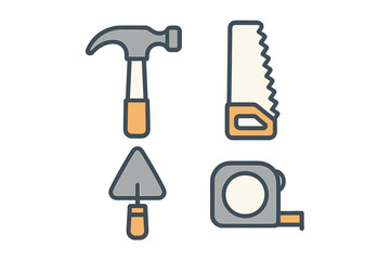 Collection of essential construction and home improvement tools including hammer saw trowel and tape measure for various building and repair tasks