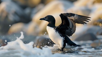 Fototapeta premium Common murre seabird standing in the shallow surf with wings lifted up, perfect for natural history.