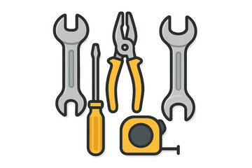 Essential household repair and construction tools set with wrenches, screwdriver, pliers, and tape measure