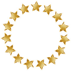 A circle of golden stars. A five-pointed star with shaded edges and highlights is a vector drawing on a transparent background. The frame is made of gold elements.