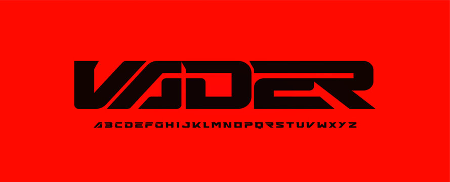 Futuristic cyberpunk space alphabet, bold wide stencil cutout font for modern tech sport race logo, dynamic scifi heavy headline, geometric typographic design. Vector typeset