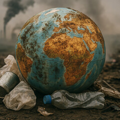 Earth pollution concept globe with plastic waste and smoke

