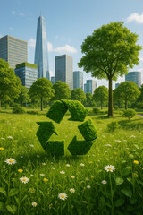 Green recycle symbol in city park with eco urban background
