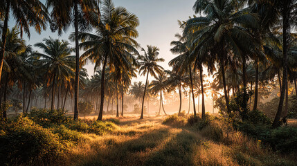 Palm Trees Glow at Sunrise: Serene tropical scene with sun rays filtering through the palms. Great for travel marketing, web design, or adding a relaxing vibe.