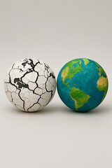 Two earth globes cracked dry planet versus healthy green earth
