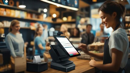 Cashier Using Digital Tablet for Payment at Counter in Cafe - Powered by Adobe
