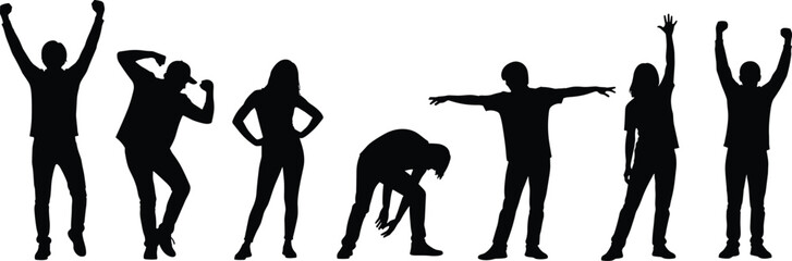 Dynamic human silhouette poses collection showing celebration, confidence, exhaustion, balance, aspiration, and triumph for business, lifestyle, sports, and creative design