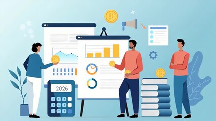 Professional business team collaborating on financial analysis with charts, graphs, and data visualization dashboard. Modern flat illustration perfect for finance presentations. - Powered by Adobe